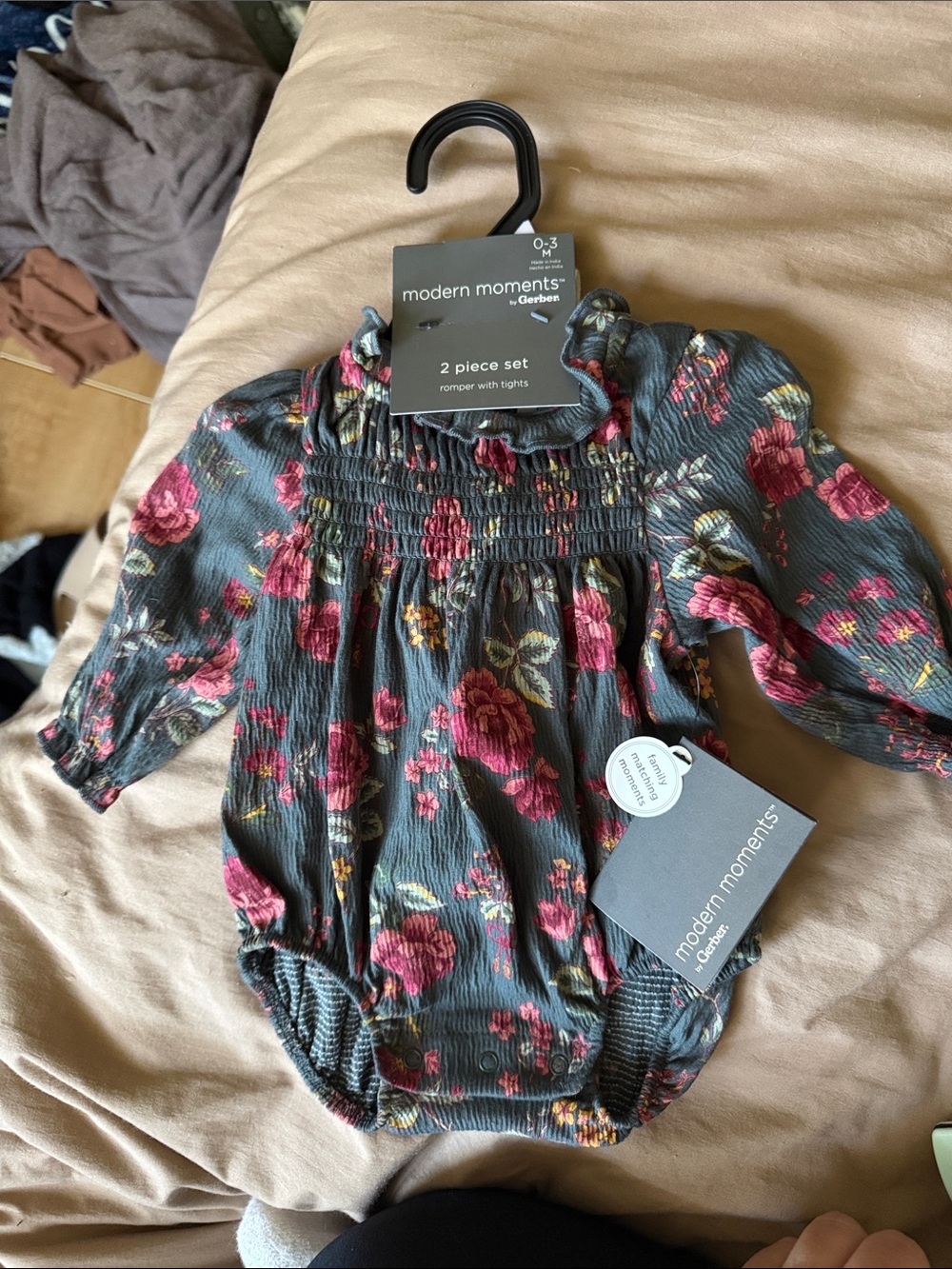 Gerber Floral Smocked Romper Set in Charcoal and Pink